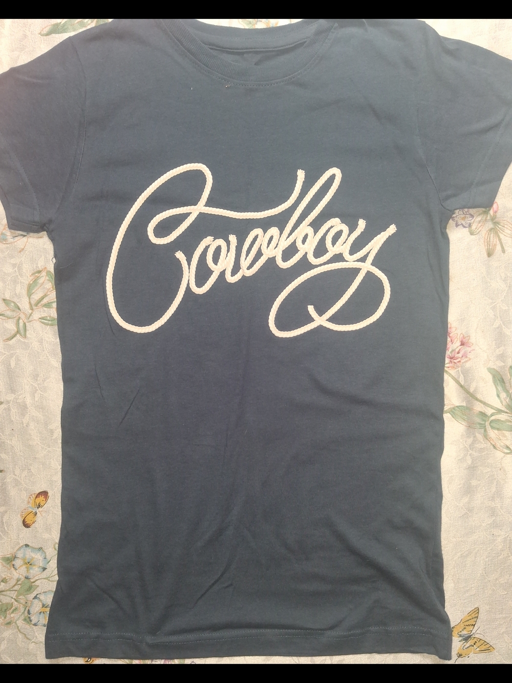 Ariat Navy Short Sleeve Tee with White Script 'Cowboy'